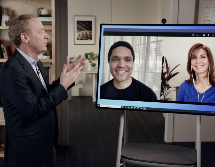 Brad Smith, Trevor Noah, and Linda Eddleman during the launch.